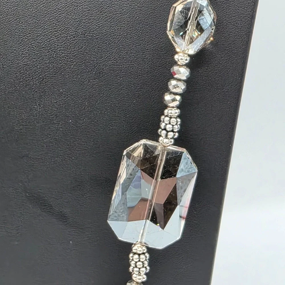 Chico's Beaded Statement Necklace Crystal Faceted‎ Gem Silver Tone Long Boho